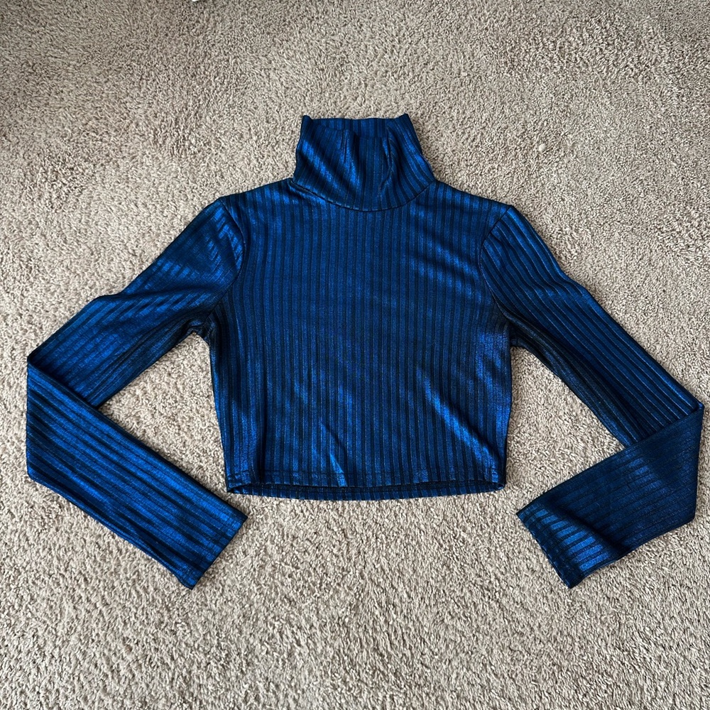 Superdown Blue Ribbed Turtleneck Top